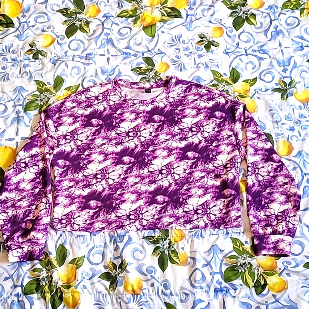 SHEIN Purple and white long sleeve tye-dye shirt.